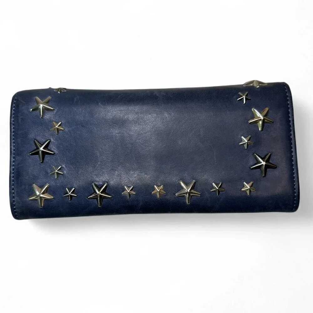 Jimmy Choo Navy Blue Long Leather Wallet with Silver Star Studs